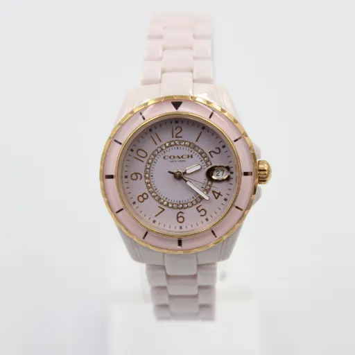 [1297491768] COACH Women’s Watch – Pink Ceramic & Gold-Tone Accents 1297491768